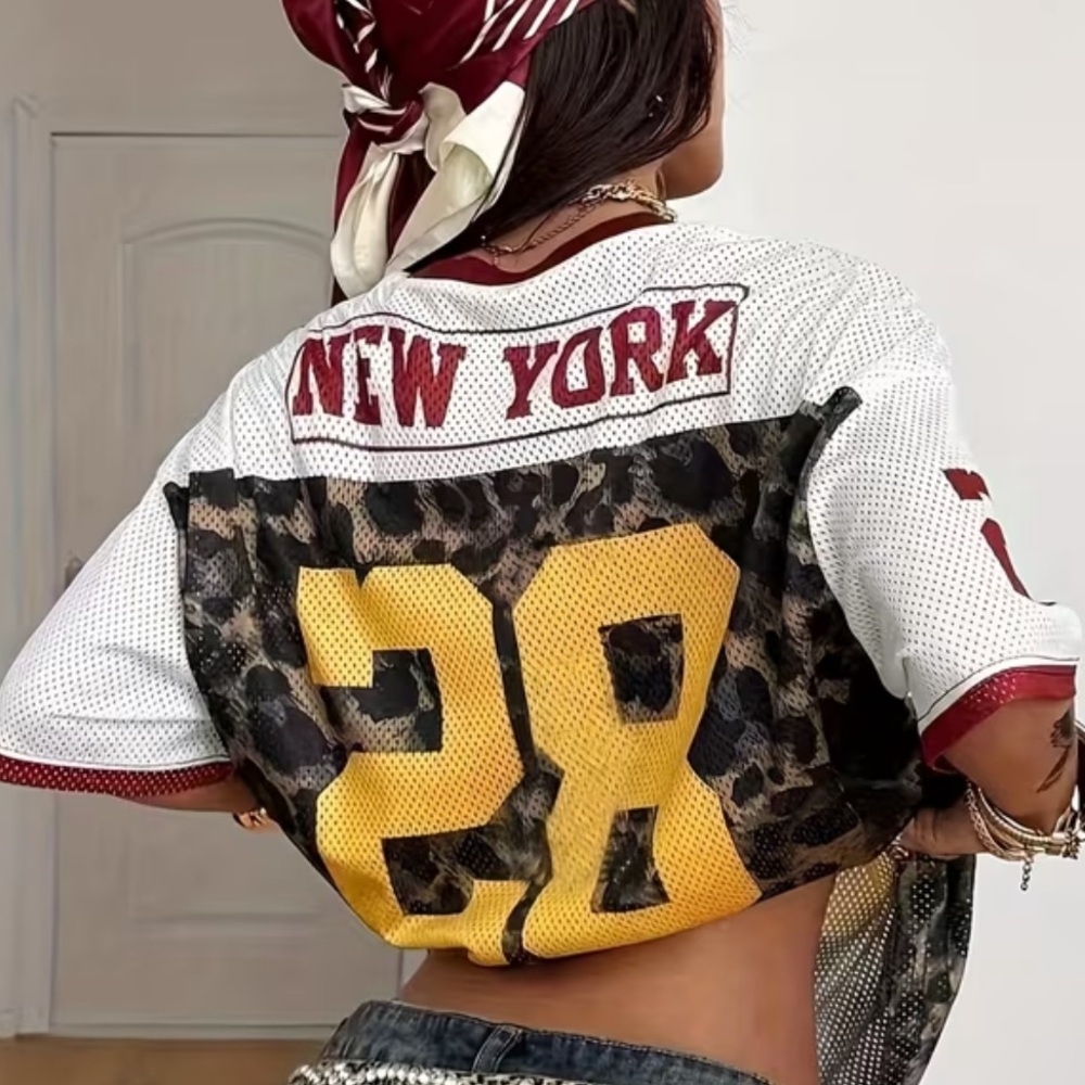 Leopard Print Mesh Jersey Top with Yellow Number - Women - Picture 3 of 6